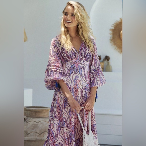 Free People l 12 Mirage Paisley Tassels Plunge V-Neck Boho Full Skirt Maxi Dress - Picture 5 of 11